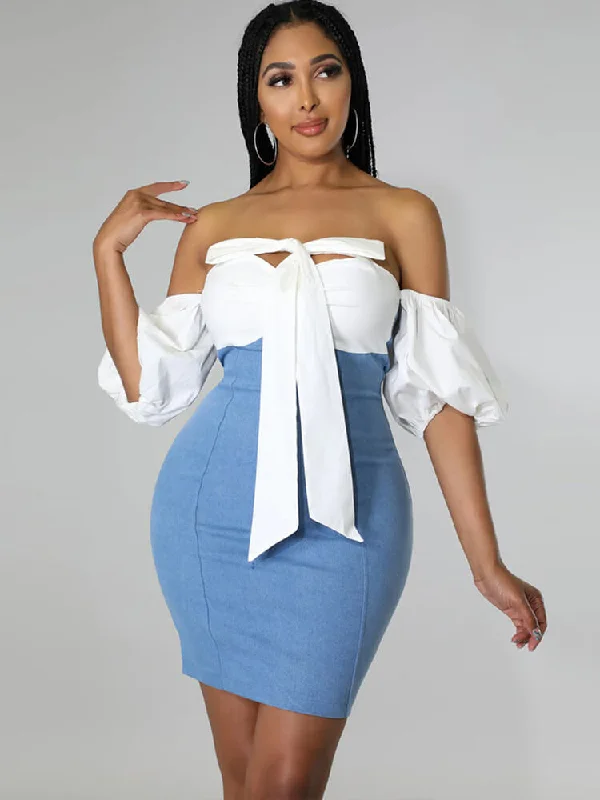 Denin Patchwork Off Shoulder Mini Dresses Tunics Gym athletic