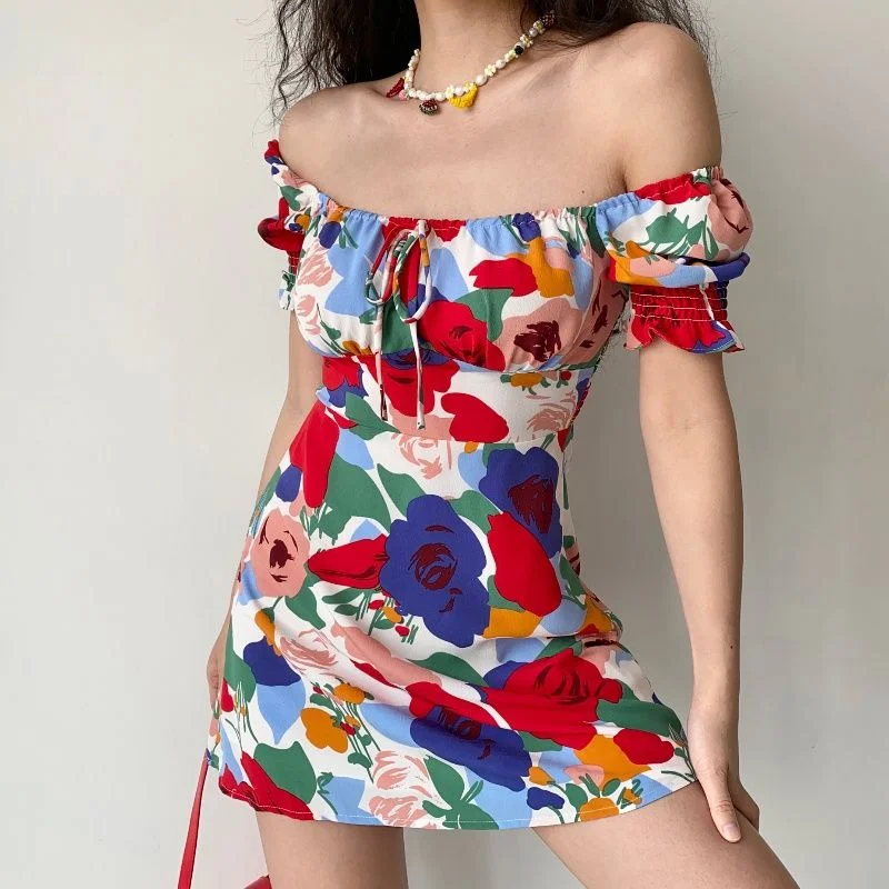 Y2k Floral Print Mini Dress Women Square Collar Puff Sleeve Summmer Skinny Slim Party High Waist Vintage Dresses 2023 Tunics Satin smooth Y2k Floral Print Mini Dress Women Square Collar Puff Sleeve Summmer Skinny Slim Party High Waist Vintage Dresses 2023 Tunics Satin smooth