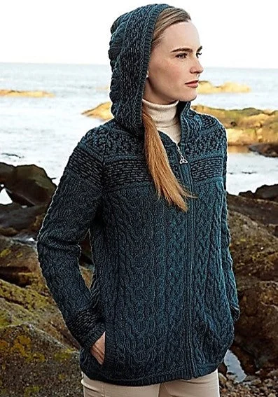 Aran Fair Isle Hooded Full Zip Cardigan Terry Terry Cloth Terry Knit