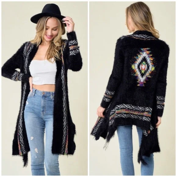 Black Fuzzy Eyelash Fringe Rainbow Aztec Pattern Open Knit Cardigan Sweater Slim Fit Regular Fit Oversized Black Fuzzy Eyelash Fringe Rainbow Aztec Pattern Open Knit Cardigan Sweater Slim Fit Regular Fit Oversized