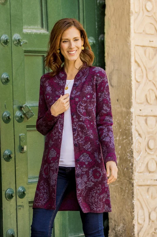 Dream Garden in Maroon Floral 100% Baby Alpaca Cardigan in Maroon from Peru Satin Blend Silk Blend Wool Blend Dream Garden in Maroon Floral 100% Baby Alpaca Cardigan in Maroon from Peru Satin Blend Silk Blend Wool Blend