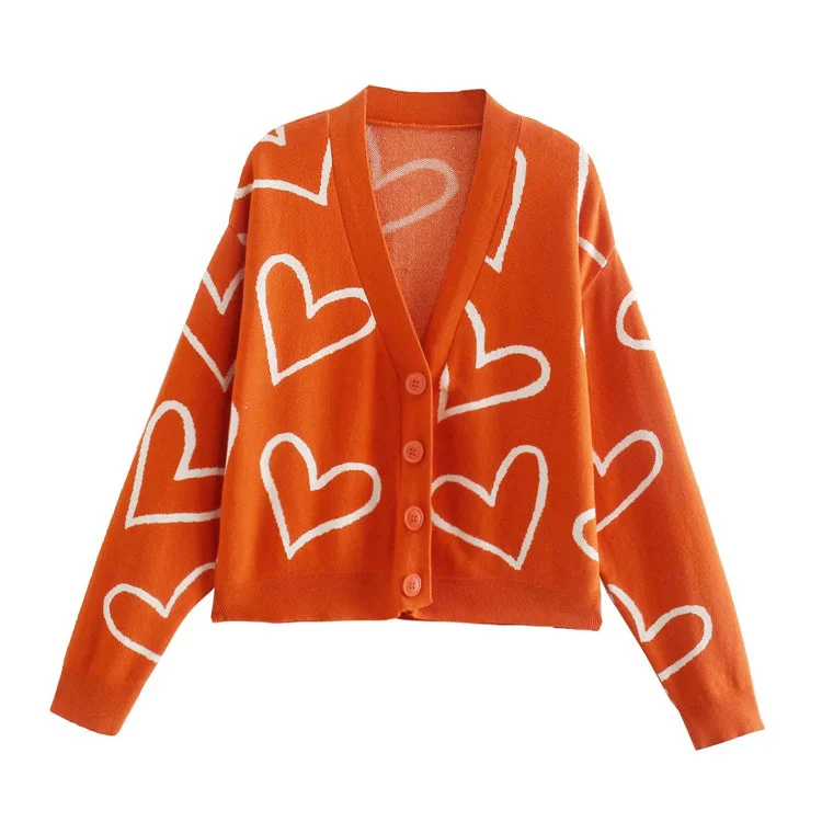 Fashion sweet V-neck love jacquard short knitted cardigan 7194 Stretchy Elastic Breathable Fashion sweet V-neck love jacquard short knitted cardigan 7194 Stretchy Elastic Breathable