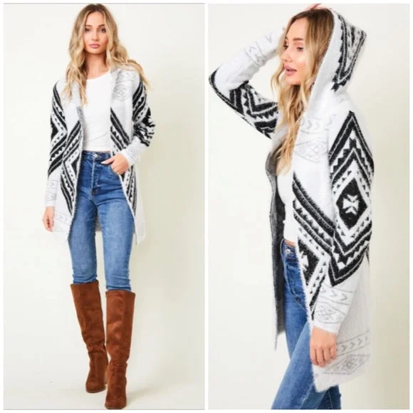 Fuzzy Soft Knit Hooded Long Sleeve Aztec Tribal Native Western Cardigan Sweater Solid Print Embellished Fuzzy Soft Knit Hooded Long Sleeve Aztec Tribal Native Western Cardigan Sweater Solid Print Embellished