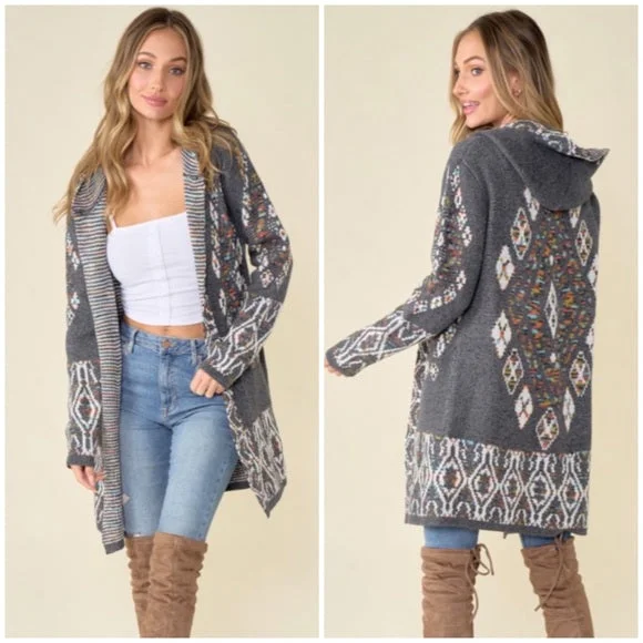 Gray Aztec Rainbow Western Hooded Knit Cardigan Long Sleeve Open Sweater Mesh Cardigan Canvas Denim Gray Aztec Rainbow Western Hooded Knit Cardigan Long Sleeve Open Sweater Mesh Cardigan Canvas Denim