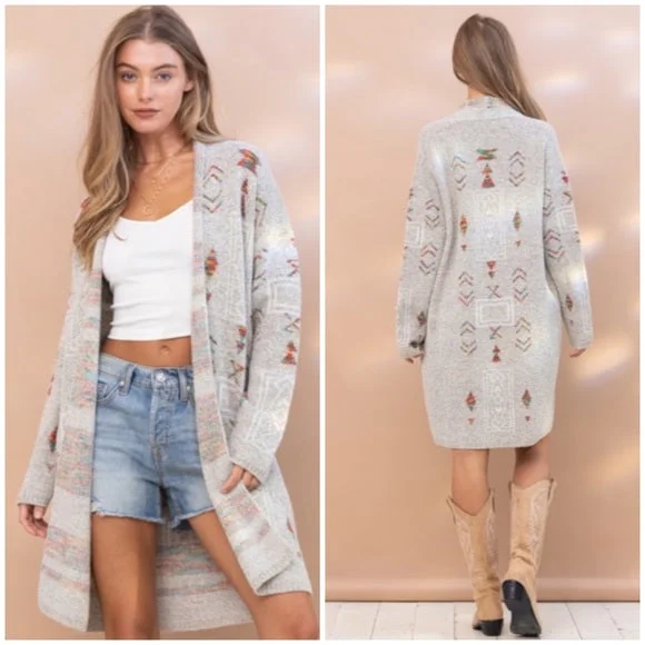 Gray Colorful Aztec Tribal Western Marled Open Knit Cardigan Long Sleeve Sweater Plaid Cardigan Polka Dot Checkered Gray Colorful Aztec Tribal Western Marled Open Knit Cardigan Long Sleeve Sweater Plaid Cardigan Polka Dot Checkered