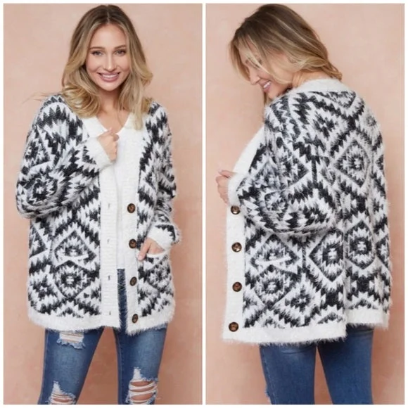Ivory & Black Fuzzy Soft Eyelash Aztec Tribal Button Up Knit Cardigan Sweater Front Pockets Side Pockets Patch Pockets Ivory & Black Fuzzy Soft Eyelash Aztec Tribal Button Up Knit Cardigan Sweater Front Pockets Side Pockets Patch Pockets