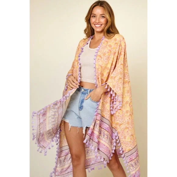 Lavender Paisley Printed Kimono Wrap Bohemian Cardigan w/ Tassels Fringe Womens Embroidered Appliqued Beaded Lavender Paisley Printed Kimono Wrap Bohemian Cardigan w/ Tassels Fringe Womens Embroidered Appliqued Beaded