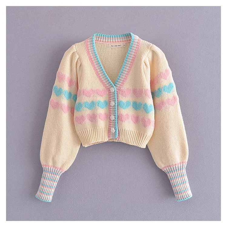 Love printed V-neck bubble sleeve knitted cardigan  7191 Stylish Fashionable Trendy