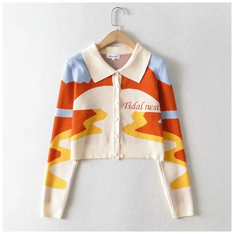 Minority design sunset oil painting super beautiful retro knitted cardigan 7211 Crew Neck V-Neck Turtle Neck Minority design sunset oil painting super beautiful retro knitted cardigan 7211 Crew Neck V-Neck Turtle Neck