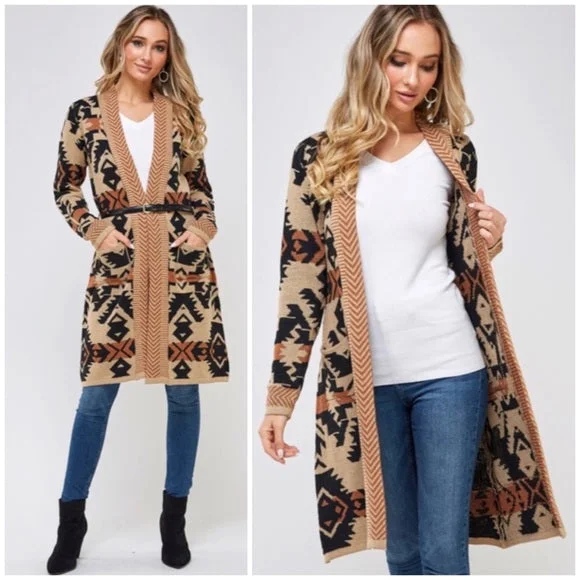 Mocha Aztec Western Boho Belted Cardigan Sweater Coatigan Knit Casual Womens Houndstooth Herringbone Solid Mocha Aztec Western Boho Belted Cardigan Sweater Coatigan Knit Casual Womens Houndstooth Herringbone Solid