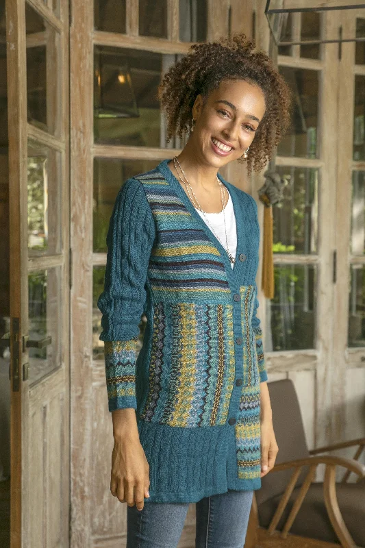 Patchwork in Teal Cable Knit 100% Alpaca Cardigan in Teal from Peru Patchwork Embroidered Appliqued Patchwork in Teal Cable Knit 100% Alpaca Cardigan in Teal from Peru Patchwork Embroidered Appliqued