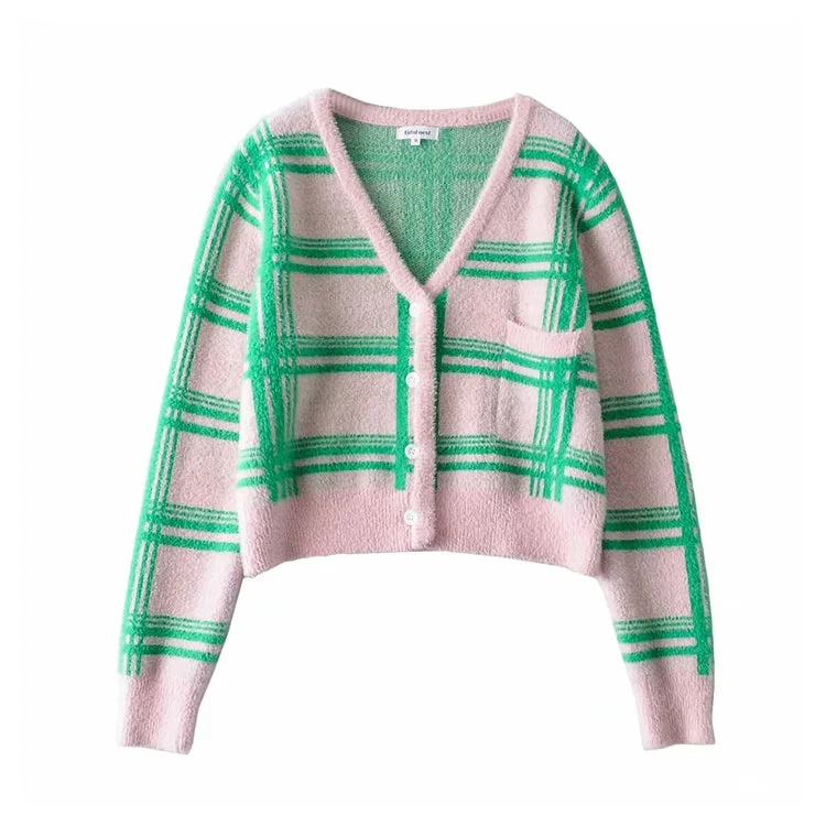 Plaid color matching knitted cardigan women's minority retro sweater coat 7185 Transparent Opaque Sheer Plaid color matching knitted cardigan women's minority retro sweater coat 7185 Transparent Opaque Sheer