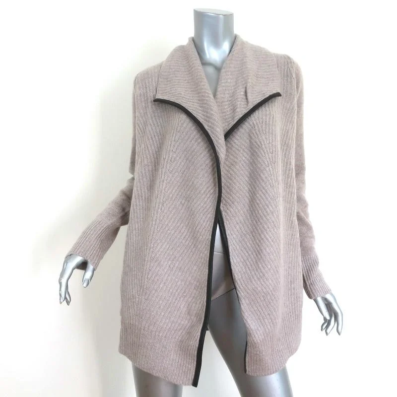 Ply Cashmere Leather-Trim Cardigan Sweater Light Mink Ribbed Knit Size Small NEW Oversized Loose Flowy Ply Cashmere Leather-Trim Cardigan Sweater Light Mink Ribbed Knit Size Small NEW Oversized Loose Flowy