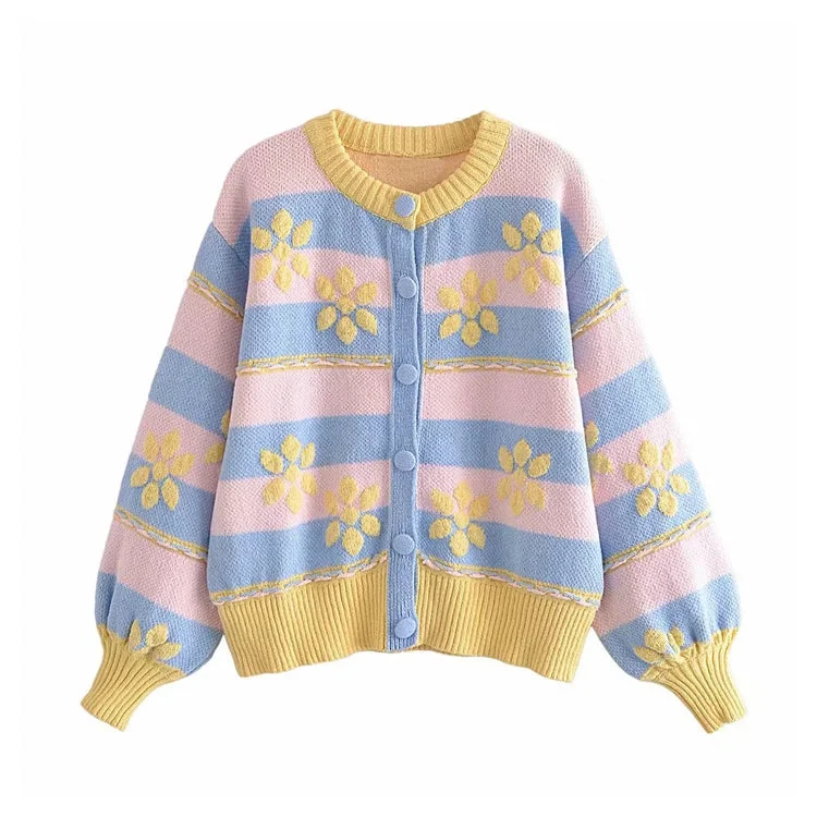 Sweet flower printed jacquard knitted coat cardigan  7189 Elegant Classic Vintage