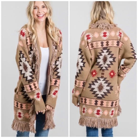 Taupe Western Native Tribal Aztec Boho Fringe Knit Open Cardigan Sweater Cashmere Blend Cotton Blend Poly Blend Taupe Western Native Tribal Aztec Boho Fringe Knit Open Cardigan Sweater Cashmere Blend Cotton Blend Poly Blend