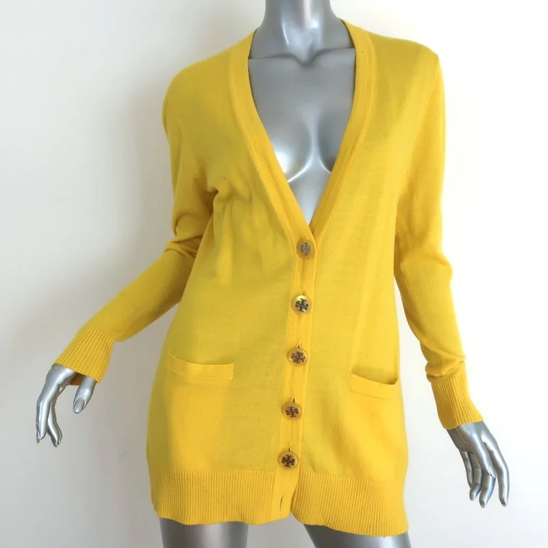 Tory Burch Cardigan Ainsley Yellow Wool Size Medium V-Neck Sweater Zippered Front Buttoned Front Snap Front Tory Burch Cardigan Ainsley Yellow Wool Size Medium V-Neck Sweater Zippered Front Buttoned Front Snap Front