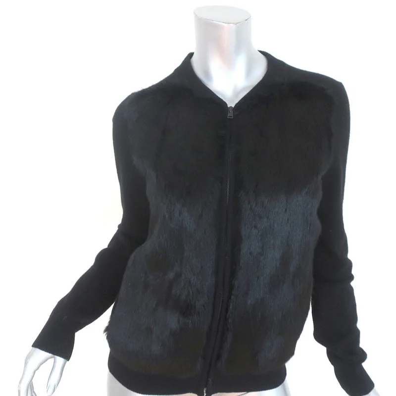 Vince Rabbit Fur Cardigan Black Yak-Wool Knit Size Extra Small Lace Blend Ribbed Blend Corduroy Blend