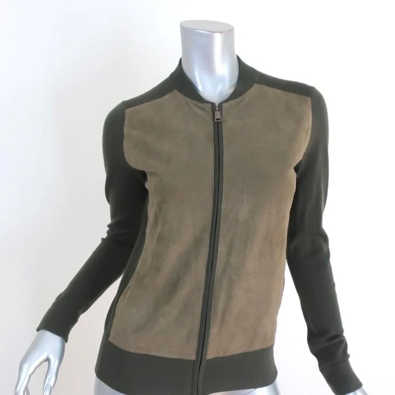 Vince Suede Front Cardigan Olive Wool Size Extra Small Zip-Up Sweater Fitted Loose Oversized Vince Suede Front Cardigan Olive Wool Size Extra Small Zip-Up Sweater Fitted Loose Oversized