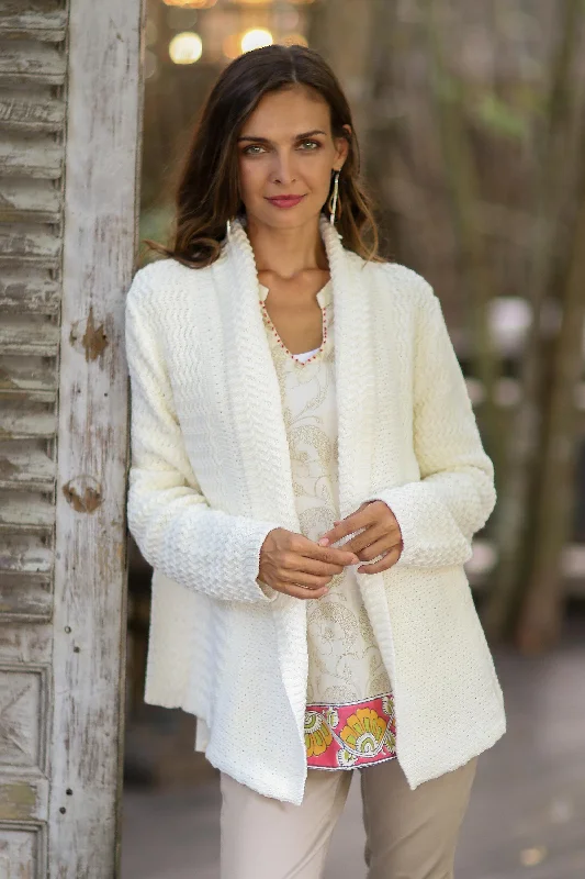Zigzag Knit in Ivory Knit Cotton Cardigan in Ivory from Thailand Anti-Pilling Anti-Shrink Durable Zigzag Knit in Ivory Knit Cotton Cardigan in Ivory from Thailand Anti-Pilling Anti-Shrink Durable