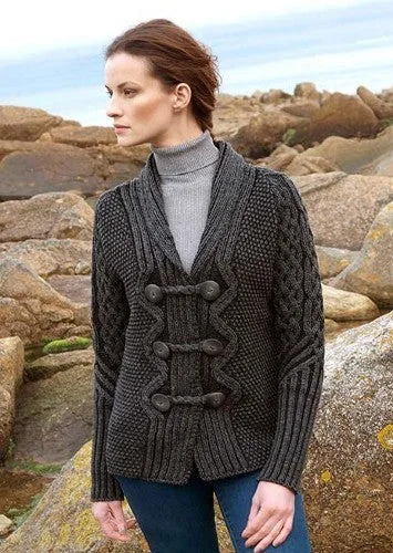 Aran Charcoal Button Cardigan Elegant Classic Vintage