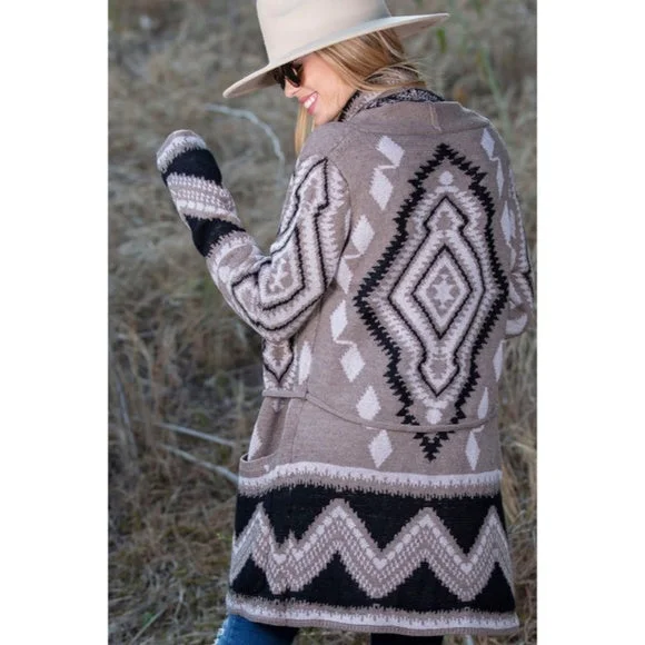 Aztec Tribal Western Patterned Knit Belted Open Cardigan Sweater w/ Pockets Knit Fabric Woven Fabric Fleece Fabric Aztec Tribal Western Patterned Knit Belted Open Cardigan Sweater w/ Pockets Knit Fabric Woven Fabric Fleece Fabric