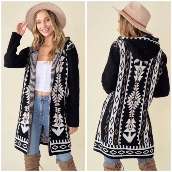 Black Aztec Rainbow Western Hooded Knit Cardigan Long Sleeve Open Sweater Tailored Straight A-Line Black Aztec Rainbow Western Hooded Knit Cardigan Long Sleeve Open Sweater Tailored Straight A-Line