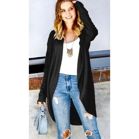 Black Waffle Knit Dolman Sleeve Rounded Cardigan Casual Womens Mesh Blend Leather Blend Suede Blend Black Waffle Knit Dolman Sleeve Rounded Cardigan Casual Womens Mesh Blend Leather Blend Suede Blend