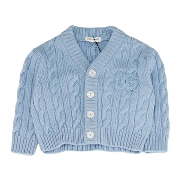 Blue Cable-Knit DG Logo Wool-Blend Cardigan Crew Neck V-Neck Turtle Neck