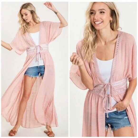 Blush Pink Crochet Boho Kimono Duster Short Sleeve Cardigan Wrap Womens Print Jacquard Patchwork Blush Pink Crochet Boho Kimono Duster Short Sleeve Cardigan Wrap Womens Print Jacquard Patchwork