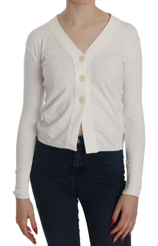 BYBLOS Elegant White V-Neck Cropped Cardigan Blouse Seamless Knitted Crochet