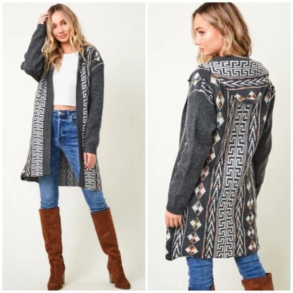 Charcoal Gray Native Cowichan Aztec Western Boho Hooded Cardigan Sweater Womens Spandex Rayon Corduroy Charcoal Gray Native Cowichan Aztec Western Boho Hooded Cardigan Sweater Womens Spandex Rayon Corduroy