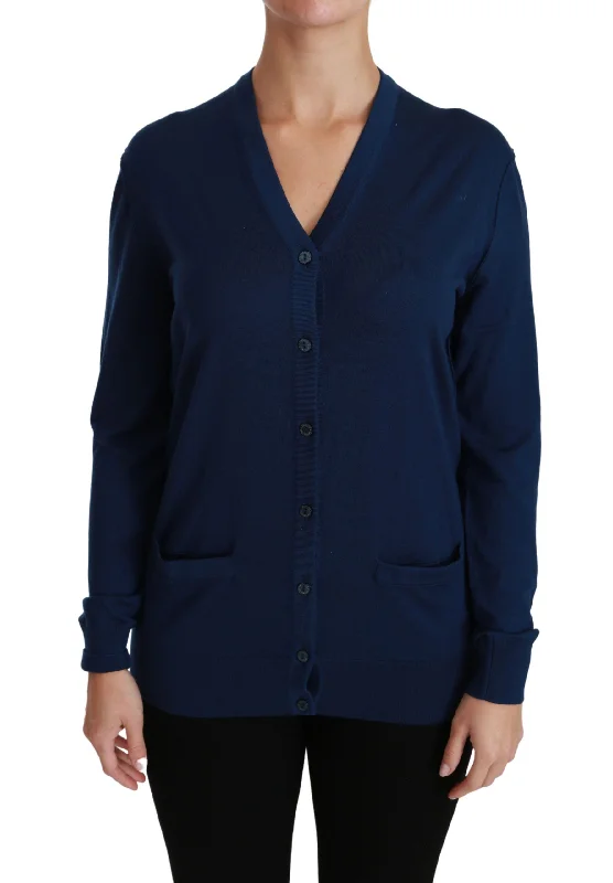 Dolce & Gabbana Elegant Blue Virgin Wool Cardigan Silk Blend Satin Velvet