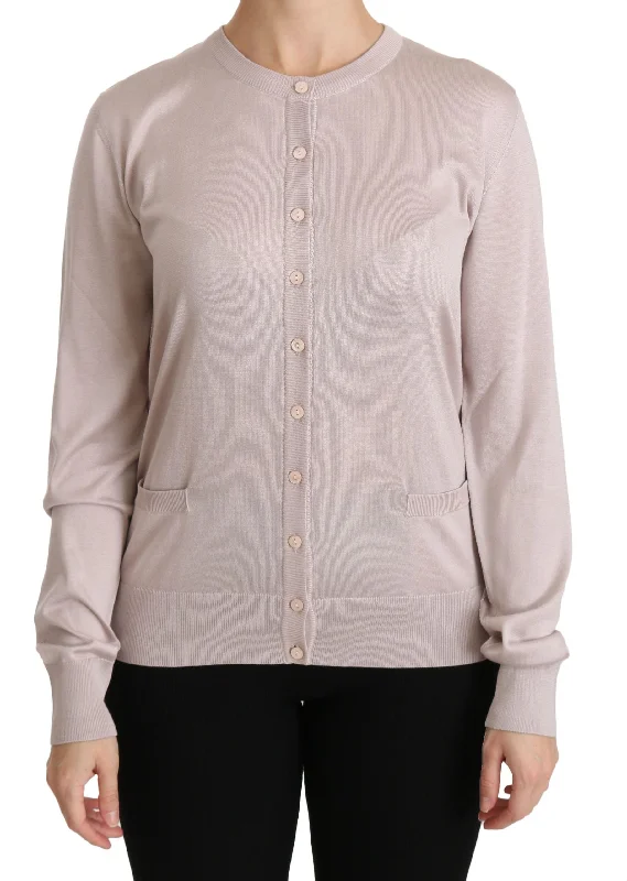 Dolce & Gabbana Silk Blend Pink Crew Neck Cardigan Terry Terry Cloth Terry Knit