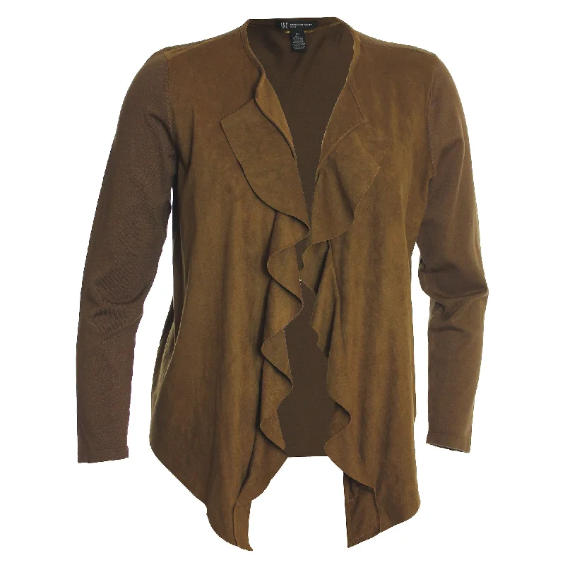 INC Brown or Black Open Front Cascading Ruffle Faux Suede Mixed Media Cardigan Sweater Houndstooth Herringbone Solid INC Brown or Black Open Front Cascading Ruffle Faux Suede Mixed Media Cardigan Sweater Houndstooth Herringbone Solid