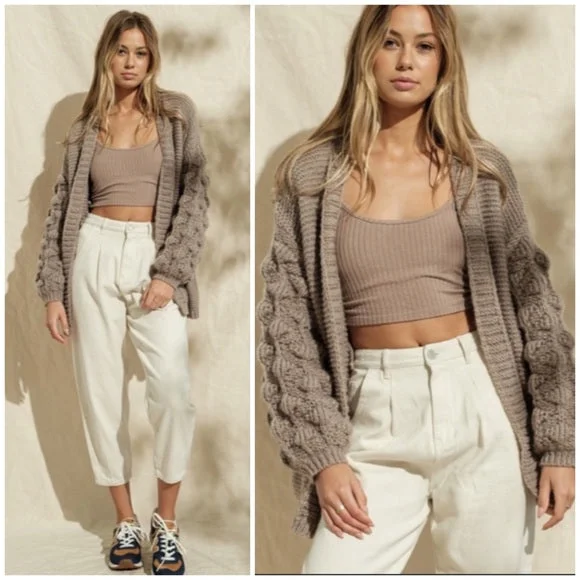 Khaki Pompom Sleeve Knit Open Cardigan Boho Sweater Casual Womens Fleece Cardigan Nylon Polyester Khaki Pompom Sleeve Knit Open Cardigan Boho Sweater Casual Womens Fleece Cardigan Nylon Polyester