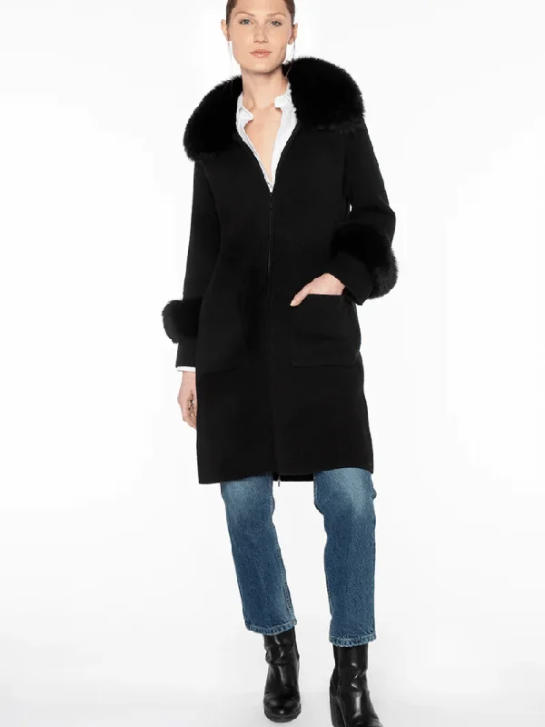 Kinross Cashmere Furry Trim Long Zip Cardigan In Black LFSJ4-186 Zippered Front Buttoned Front Snap Front Kinross Cashmere Furry Trim Long Zip Cardigan In Black LFSJ4-186 Zippered Front Buttoned Front Snap Front