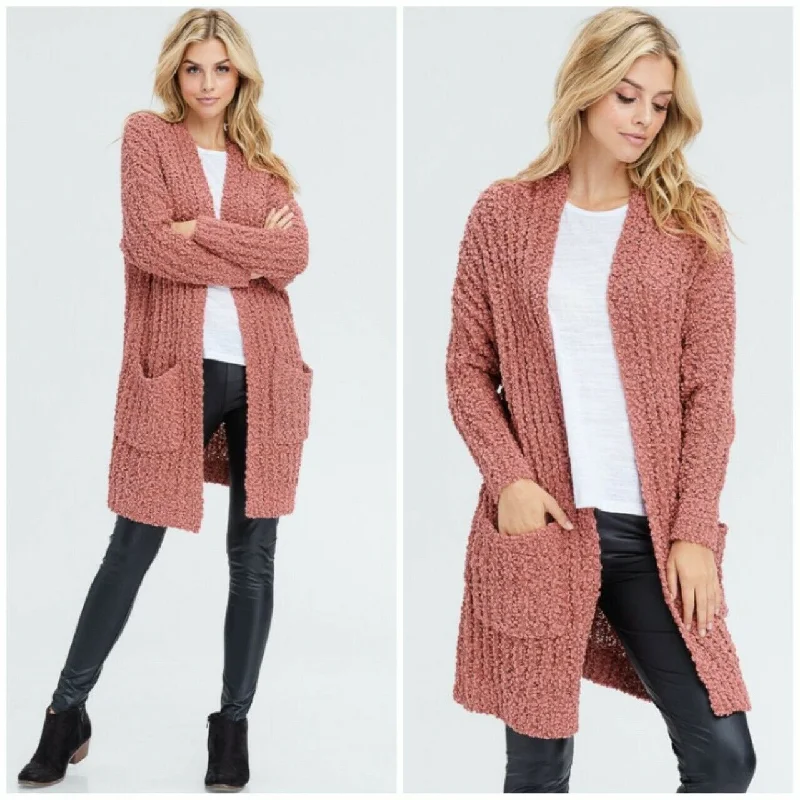 Mauve Soft Knit Solid Long Cardigan W/ Pockets Womens Cable Knit Ribbed Knit Lace Knit