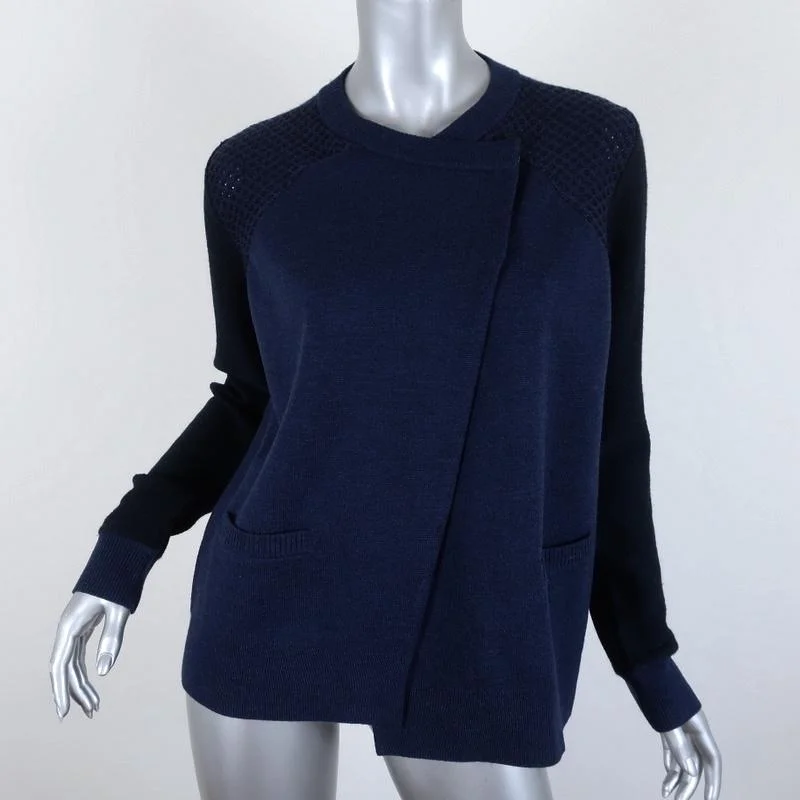 Proenza Schouler Cardigan Navy Paneled Knit Size Medium Asymmetric Sweater Beaded Cardigan Sequined Faux Fur Proenza Schouler Cardigan Navy Paneled Knit Size Medium Asymmetric Sweater Beaded Cardigan Sequined Faux Fur