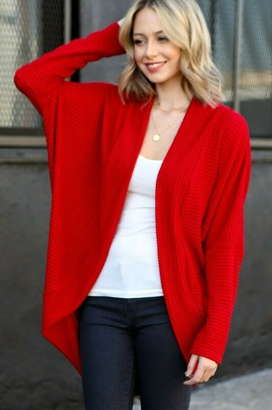 Red Waffle Knit Dolman Sleeve Rounded Cardigan Casual Womens Cashmere Blend Cotton Blend Poly Blend