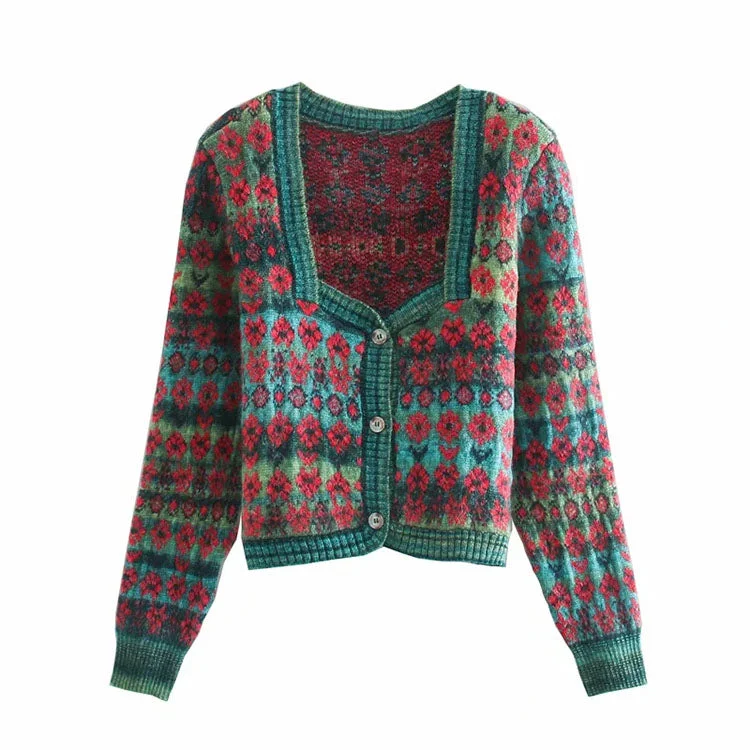 Sweater coat women's cardigan square neck Vintage contrast jacquard long sleeve knitting 7159 Open Front Closed Front Wrap Front Sweater coat women's cardigan square neck Vintage contrast jacquard long sleeve knitting 7159 Open Front Closed Front Wrap Front