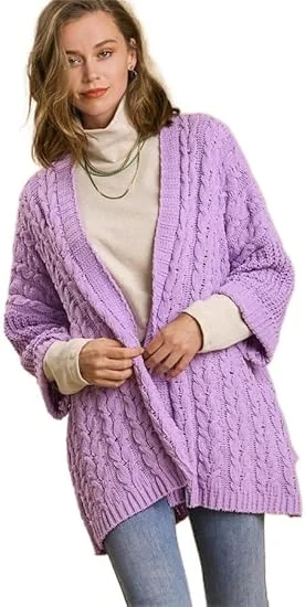 Umgee 3/4 Folded Sleeve Open Front Cable Knit Sweater Cardigan Satin Blend Silk Blend Wool Blend