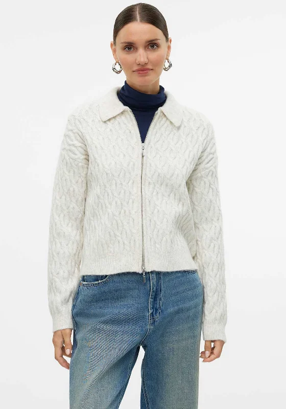 Vero Moda Aware Meffa Zipped Knit Cardigan, Cream Collared Crew Neck Turtle Neck