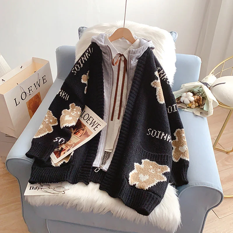 Bear sweater coat cardigan loose lazy wind  5246 Toggled Drawstring Belted