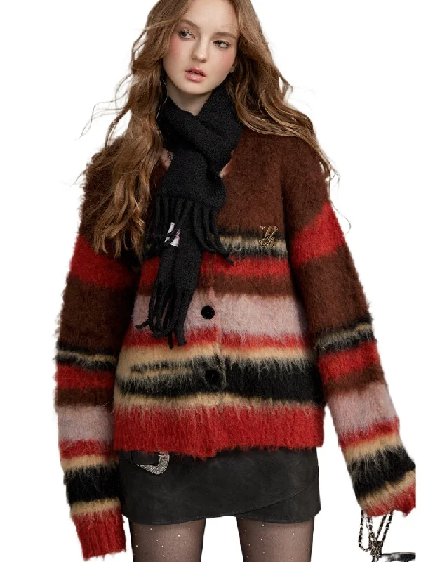 Brushed Colorblock Striped Knit Cardigan Machine Wash Dry Clean Hand Wash