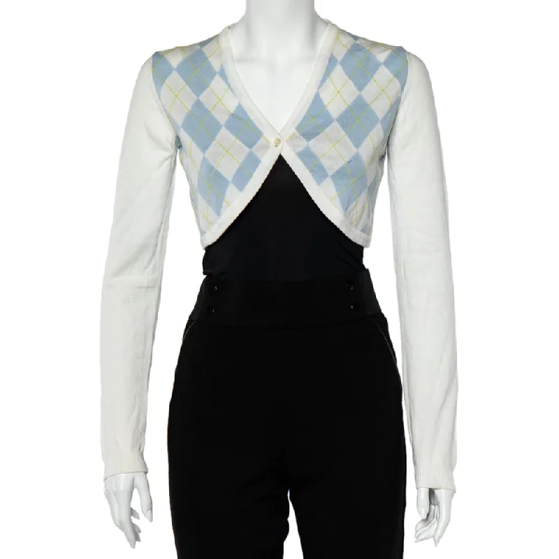 Burberry White Argyle Cotton Knit Cropped Cardigan Embroidered Appliqued Beaded