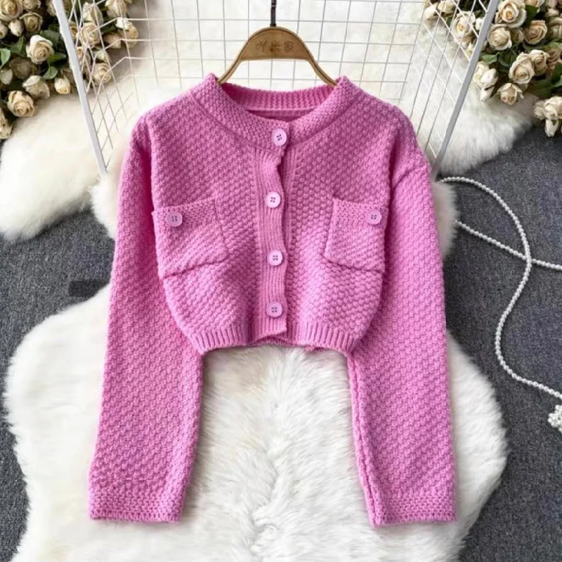 Chic, Retro, Gentle, Round Neck Double Pocket Sweater, Single Breasted Short Knit Cardigan S4361 Terry Terry Cloth Terry Knit Chic, Retro, Gentle, Round Neck Double Pocket Sweater, Single Breasted Short Knit Cardigan S4361 Terry Terry Cloth Terry Knit