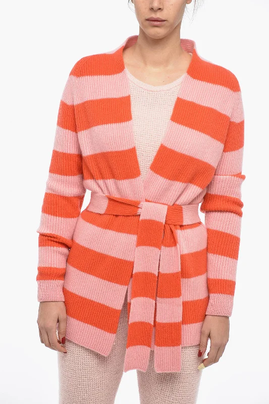 Chicca Lualdi Striped Cashmere Cardigan with Belt Polka Dot Checkered Tartan