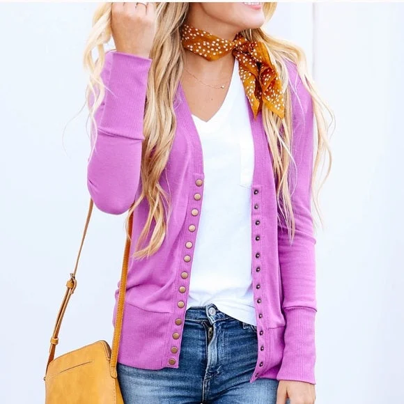 Dark Mauve Snap Button Cardigan Ribbed Sweater Solid Print Embellished