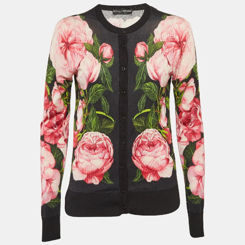 Dolce & Gabbana Black Floral Print Knit Button Front Cardigan Satin Blend Silk Blend Wool Blend Dolce & Gabbana Black Floral Print Knit Button Front Cardigan Satin Blend Silk Blend Wool Blend