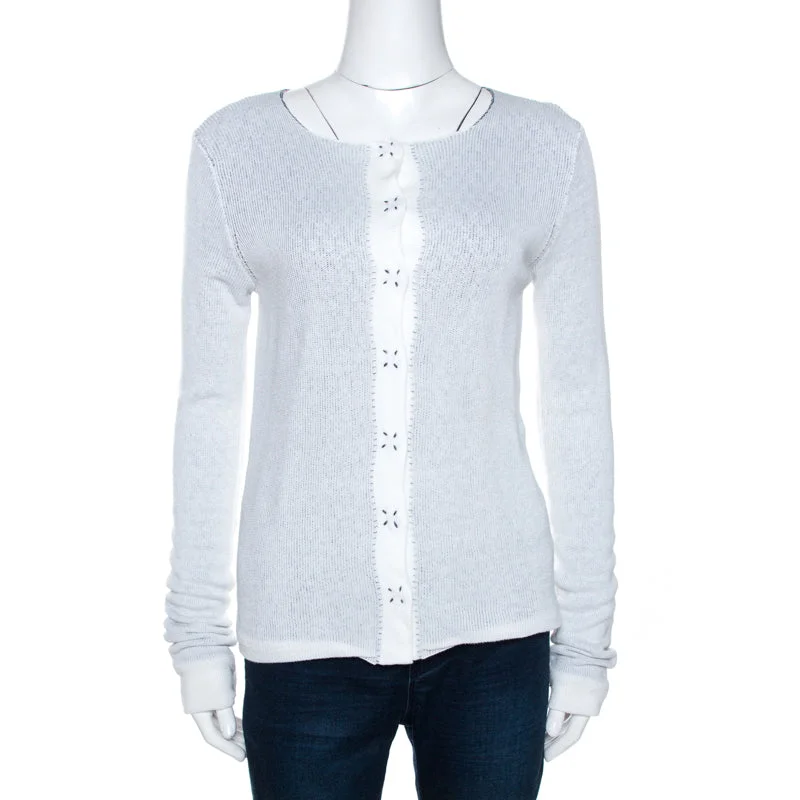Emporio Armani White Knit Button Front Cardigan Cashmere Blend Cotton Blend Poly Blend Emporio Armani White Knit Button Front Cardigan Cashmere Blend Cotton Blend Poly Blend